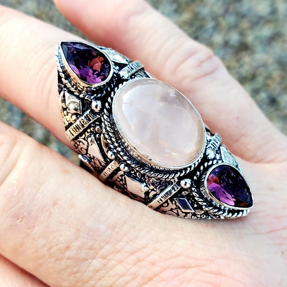 New Rose Quartz and Amethyst 925 Silver Statement Ring. - Picture 16 of 16